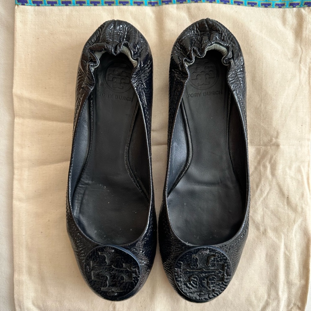 Navy Blue Patent Leather Tory Burch Reva Ballet Flats